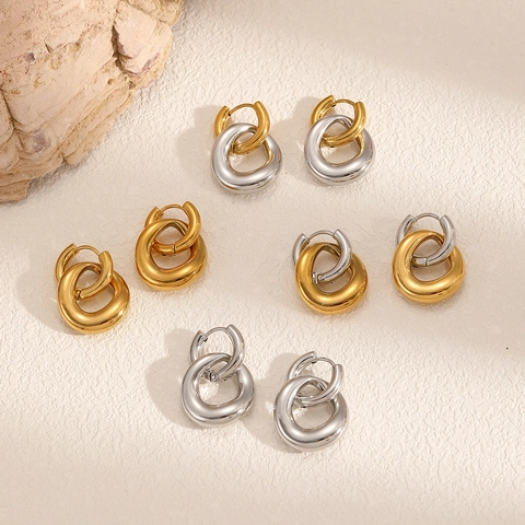 Orecchini A Cerchio Doppi In Acciaio Inossidabile Geometrico Contrasto Oro Argento Lucido Minimalista Gioielli Donna