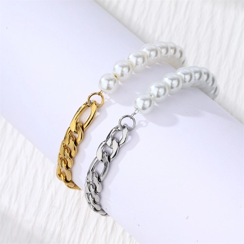 Titanstahl Gespleißtes Künstliche Perle Armband Trendy Hip Hop Figaro Kette Gold Silber Armband Für Damen Herren Schmuck