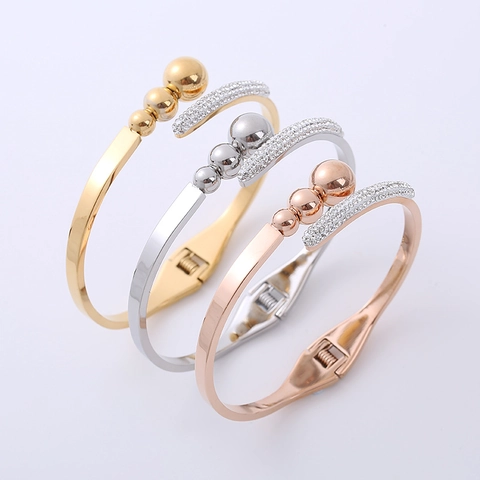 Open Veerring Armband 304 Roestvrij Staal Gepolijst Drie Kralen Pavé Zirkoon Mode Sieraden Voor Dames