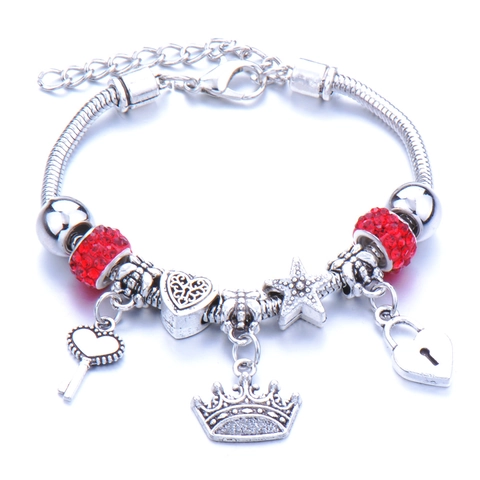 Alloy Charm Bracelet With Rhinestone Crystal Beads Crown Heart Key Pendant Adjustable Snake Chain Fashion Women Jewelry