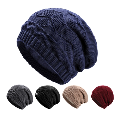 Bonnet En Tricot D'Hiver Acrylique Motif Losange Doublé Polaire Chaud Coupe-Vent Slouchy Accessoire Streetwear Unisexe