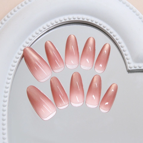 Handgefertigte Press On Nägel ABS Katzenauge Rose Gradient Mandelform Abnehmbare Mode Maniküre Für Frauen