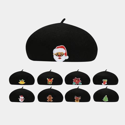 Christmas Embroidery Wool Beret Hat For Women Black Winter Warm Painter Hat With Santa Reindeer Snowman Pattern Holiday Cap