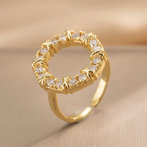 Geometrischer Runder Ring Kupfer Mit Zirkonia Vergoldet Crisscross Verstellbar Retro Mode Schmuck Geschenk
