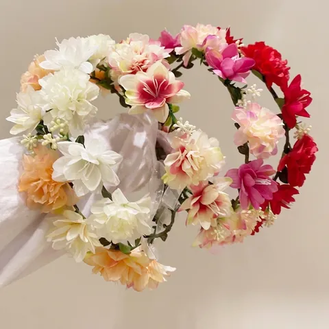 Corona Di Fiori Artificiali Bohemien Fatta A Mano Con Fiori Di Raso Nastro Regolabile Per Matrimonio Sposa Festa Vacanza