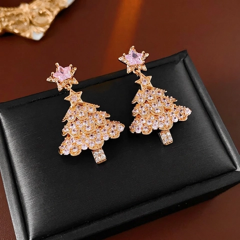 Christmas Tree Dangle Earrings With Cubic Zirconia Pink Star Copper And 925 Sterling Silver Earring Post Holiday Jewelry