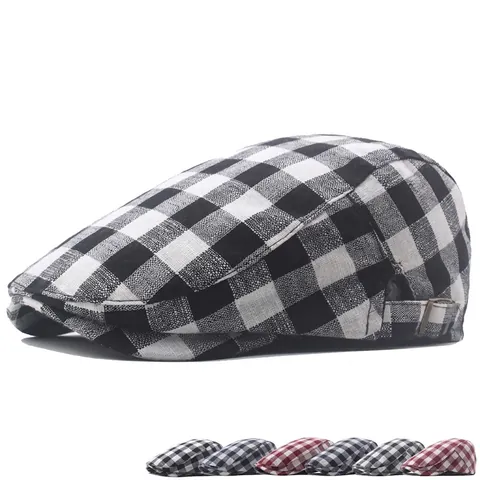 Casquette Plate À Carreaux Pour Hommes Femmes Coton Polyester Boucle Métallique Réglable Vintage Newsboy Ivy Chapeau