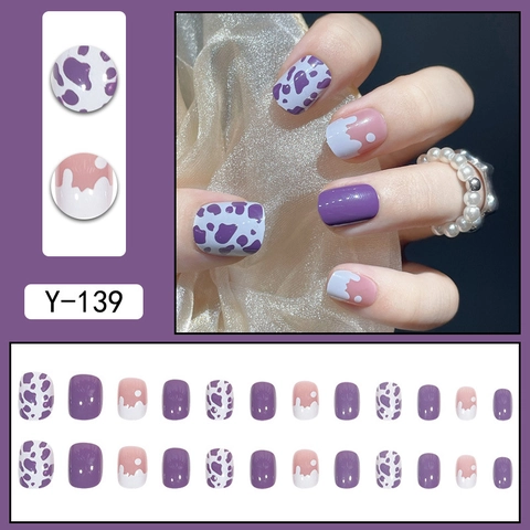 Unghie Finte A Pressione Viola Taro Stampa Mucca Design Fluido Astratto Lucido Impermeabile Alla Moda Dolce Quadrato Rotondo