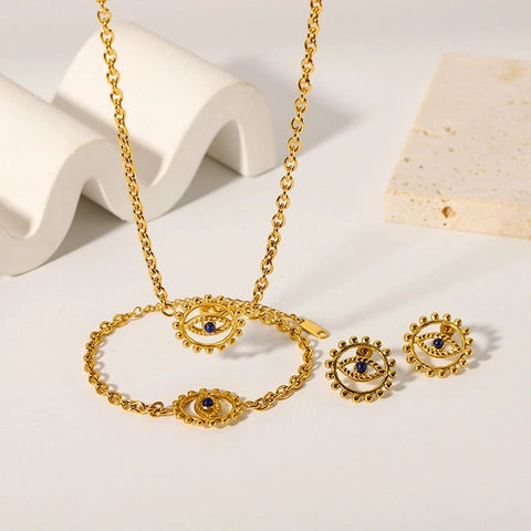 Gioielli Malocchio Da Donna Acciaio Inossidabile Placcato Oro 18K Perla Blu Pendente Retro Collana Orecchini Bracciale