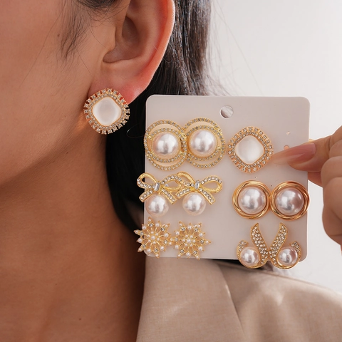 Set Orecchini Lobo In Lega Künstliche Perle Imitazione Strass Con Perno In Argento Fiocco Fiocco Di Neve Quadrato Rotondo Gioielli Eleganti Donna
