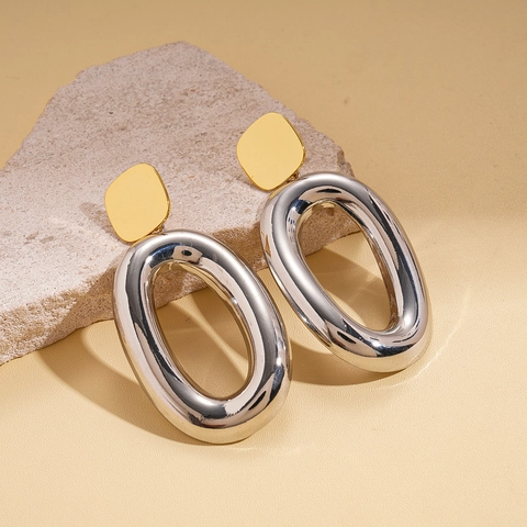 Orecchini Pendenti Ovali Geometrici Con Perno In Argento Placcato Oro 18K Bicolore Lega Gioielli Da Donna