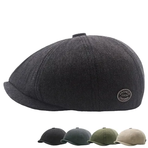Vintage Cotton Newsboy Cap Adjustable Short Brim British Style Beret Flat Cap For Men Women Retro Solid Color