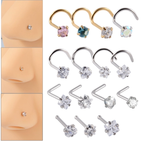 Stainless Steel Zircon Nose Studs L Shape S Shape Straight Post Star Heart Round Square Piercing Jewelry For Women Men