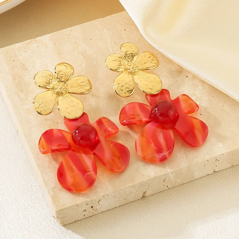 Orecchini Pendenti A Fiore Vintage Francesi Placcati Oro Acciaio Inossidabile Resina Petalo Gioielli Retro Eleganti
