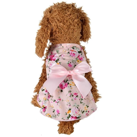 Pet Floral Dress Cotton Princess Style Large Satin Bow Summer Apparel For Small Dogs Cats