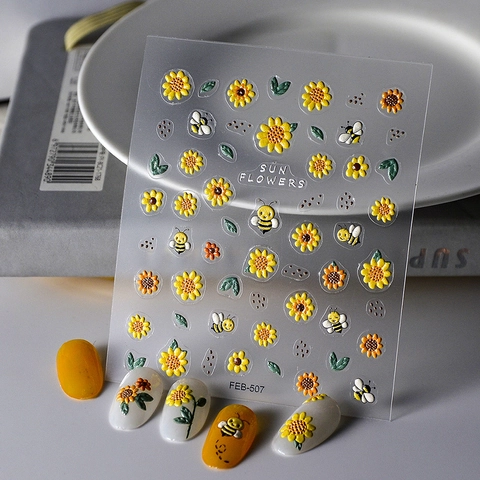 Stickers Nail Art Relief 5D Tournesol Abeille Marguerite Imperméable Autocollant Décoration De Manucure