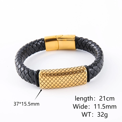 Bracciale Da Uomo In Pelle Intrecciata Con Chiusura Magnetica In Acciaio Inossidabile 304 Placcato Oro Trama A Griglia