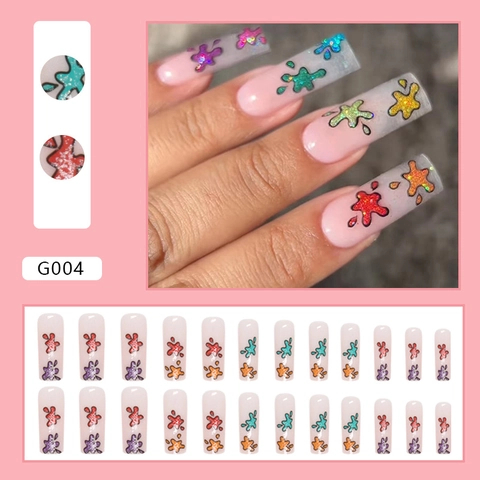 Unghie Finte Lunghe Quadrate Rosa Ombre Macchie Acqua Colorate Graffiti Schizzi Vernice Glitter