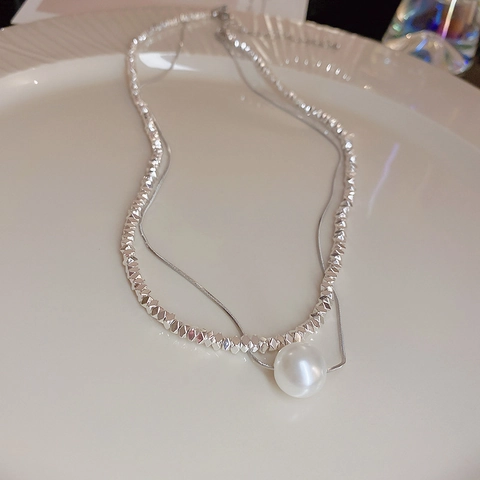 Collana A Doppio Strato Con Catena In Lega Argentata E Pendente Con Perla Artificial Sintetica Gioielli Eleganti Minimalisti Per Donna