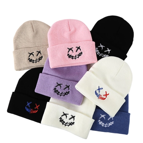 Knitted Beanie Hat Acrylic Winter Warm Fold Over Cuff Streetwear Hip Hop Smiley Face Embroidery Unisex Punk Style Cap