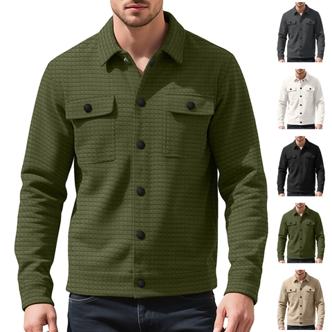 Giacca Camicia In Maglia A Nido D Ape Da Uomo Manica Lunga Colletto Rovesciato Abbottonato Shacket Casual Con Tasche Sul Petto