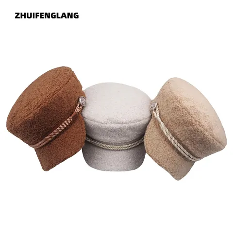 Newsboy Pet Sherpa Lamswol Warm Winter Matrozenpet Retro Gevlochten Touw Metalen Knoop Mode Platte Pet Voor Dames