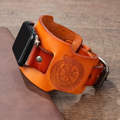 Correa de Reloj de Cuero Auténtico Vintage Brújula Vikinga Tótem de Dragón para Apple Watch Correa Ancha de Cuero en Relieve Retro Punk