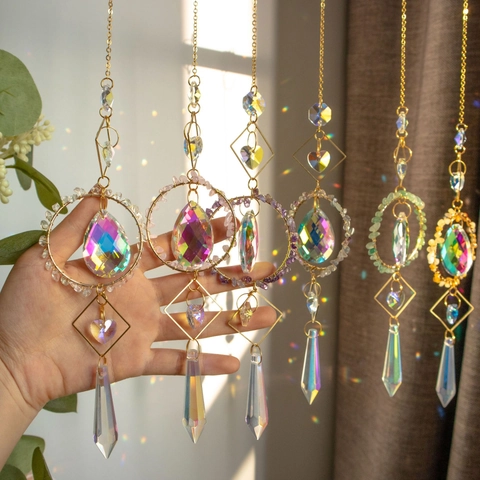 Crystal Suncatcher Hanging Ornament With Natural Stone And Metal Rainbow Maker Prism Window Garden Decor Handmade Prism