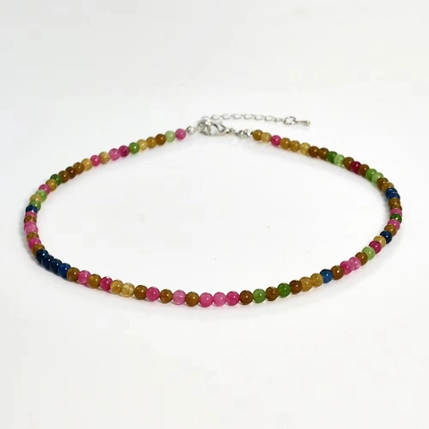 Natural Stone Beaded Necklace For Women Amazonite Tourmaline Handmade Jewelry With Adjustable Metal Extension Chain