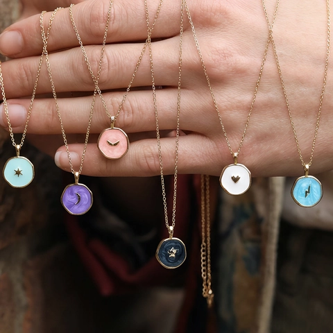 Collana Pendente Tondo Smalto Oro Placcato Rame Stella Luna Cuore Fulmine Ala Gioielli Stile Boho Per Donne