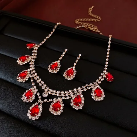 Elegant Teardrop Tassel Halskette Und Ohrringe Kupfer Strass Bunter Kristall Luxus Formelle Hochzeit Schmuck Für Frauen