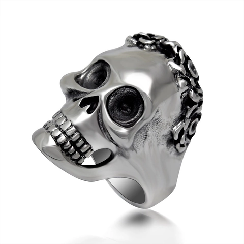 Skull Ring Titanium Steel Flower Carved Retro Silver Gothic Punk Rock Jewelry For Men