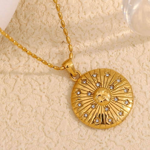 Vintage Zon Gezicht Hanger Ketting 18K Verguld Roestvrij Staal Kompas Sieraden Voor Dames