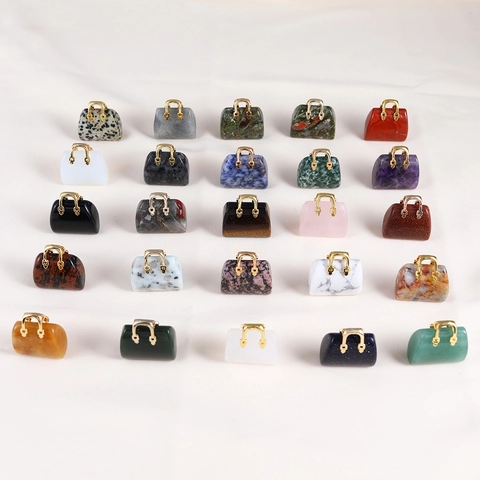 Mini Handbag Pendant Charms Natural Crystal Stone Gemstone For DIY Jewelry Making Crafts Golden Metal Handle