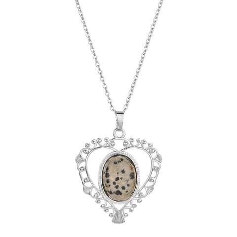 Vintage Heart Pendant Necklace With Copper Hollow Filigree And Oval Natural Stone For Women Retro Jewelry Accessory