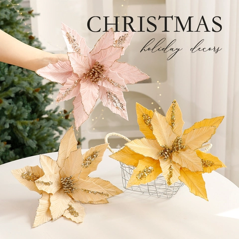 Artificial Christmas Poinsettia Flowers Glitter Sequins Xmas Tree Decoration Ornaments Festive Home Floral Decor