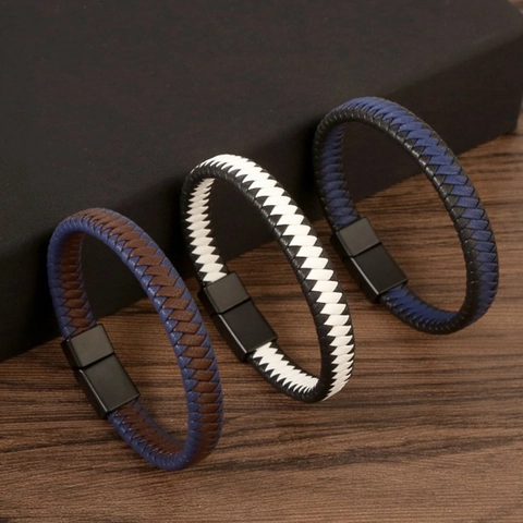 Bracelet Homme En Cuir Tressé Acier Inoxydable Fermoir Magnétique Minimaliste Bijoux Tressés Main
