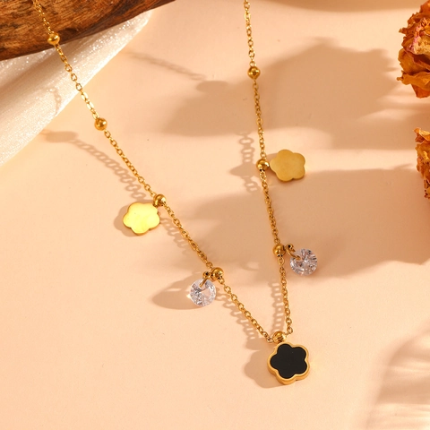 Joyas De Acero Inoxidable Mujer Flor Trébol Collar Y Pulsera Concha Circón Cristal Encantador Elegante Accesorio Moda