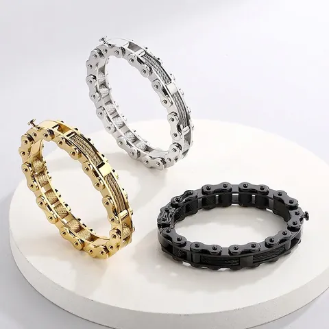 Pulsera Hombre Acero Inoxidable 316L Robusta Cadena De Moto Con Cable De Acero Joyería Punk Rock Mecánica