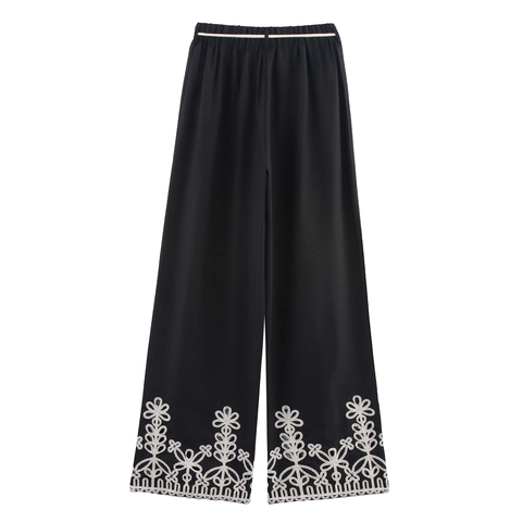 Damen Gerade Hose Hohlstickerei Böhmisch Urlaub Lässige Hose Elastische Taille Mit Quaste Holzperlen