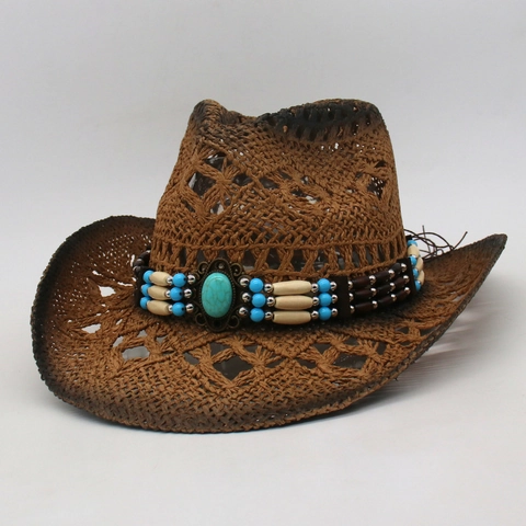 Westerse Cowboy Strohoed Opengewerkte Brede Rand Zomer Strand Zonnehoed Met Etnische Turquoise Kralenband Voor Heren Dames