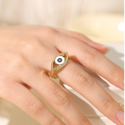 Anello Aperto Regolabile in Lega Placcata Oro Vintage Occhio del Diavolo per Donna Minimalista Intarsio in Zirconia Gioielli di Moda