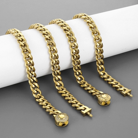 Γυαλισμένο Κολιέ Με Αλυσίδα Cuban Link Από Ανοξείδωτο Ατσάλι Φαρδύ Hip Hop Στυλ Με Μοναδικό Στρογγυλό Κούμπωμα Με Στρας Για Άνδρες