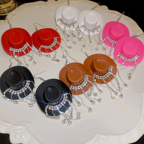 Cowboyhut Strass Quasten Ohrringe Legierung Glitzernd Lange Hängende Western Hip Hop Modeschmuck Für Damen