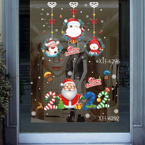 Christmas Window Stickers PVC Static Cling Decals Santa Claus Snowman Reindeer For Glass Door Shop Home Festive Decoration