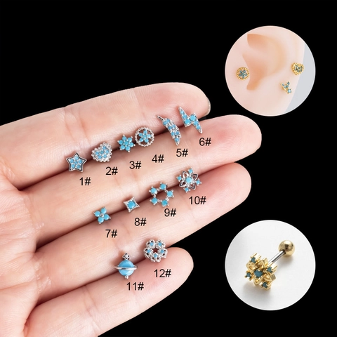 Orecchini Piercing Cartilagine Helix In Acciaio Inossidabile Cuore Stella Pianeta Chiusura A Vite Gioielli Con Pietra Blu