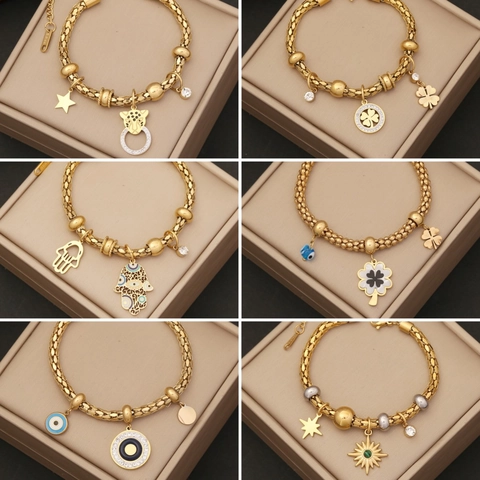 Damen Edelstahl Armband Vergoldet Mit Hamsa Hand Böser Blick Kleeblatt Stern Charms Verstellbarer Modeschmuck