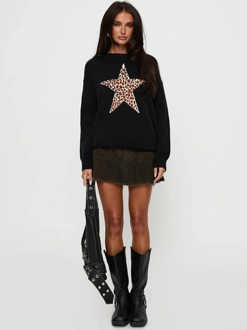 Pull En Maille Femme Noir Imprimé Étoile Léopard Col Rond Manches Longues Haut Décontracté Mode