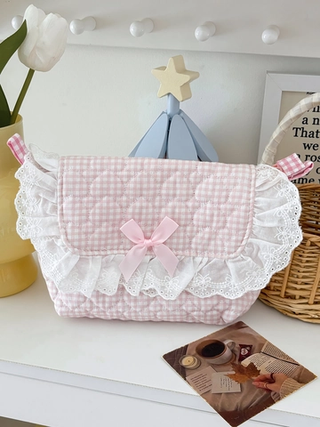Gingham Gesteppte Umhängetasche Baumwolle Herzmuster Spitze Schleife Süße Kawaii Schultertasche Für Frauen