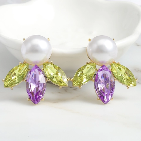 Luxury Alloy Artificial Pearl Rhinestone Water Drop Earrings For Women Elegant Multi-Color Gemstone Inlaid Banquet Party Jewelry